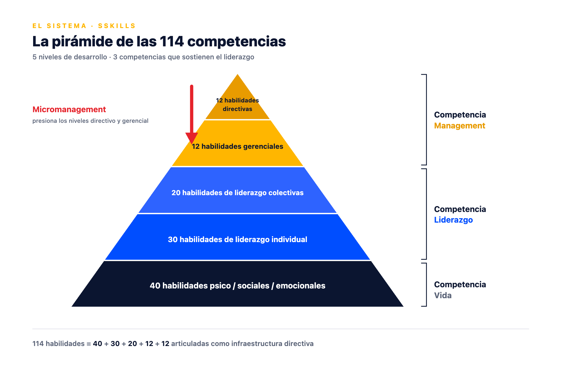Pirámide de las 114 Super Skills: 40 psico-sociales y emocionales en la base, 30 de liderazgo individual, 20 de liderazgo colectivo, 12 gerenciales y 12 directivas en la cúspide.